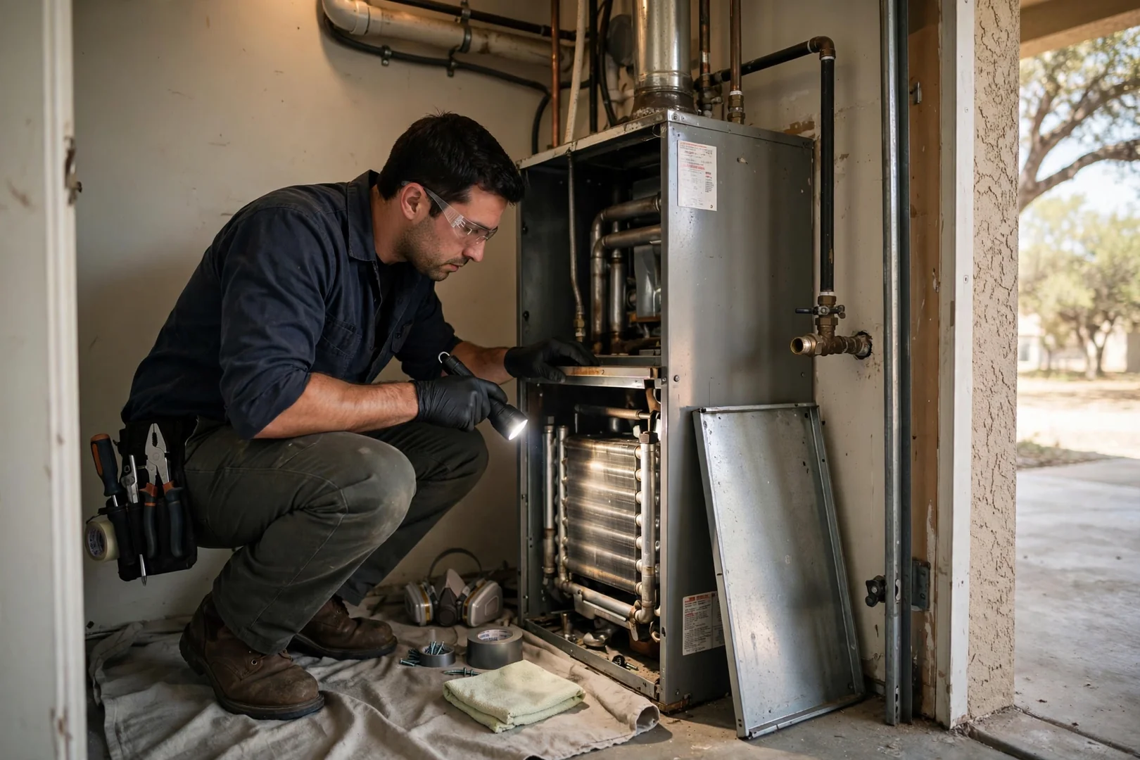 Technician inspecting a gas furnace heat exchanger with a flashlight in a utility closet
