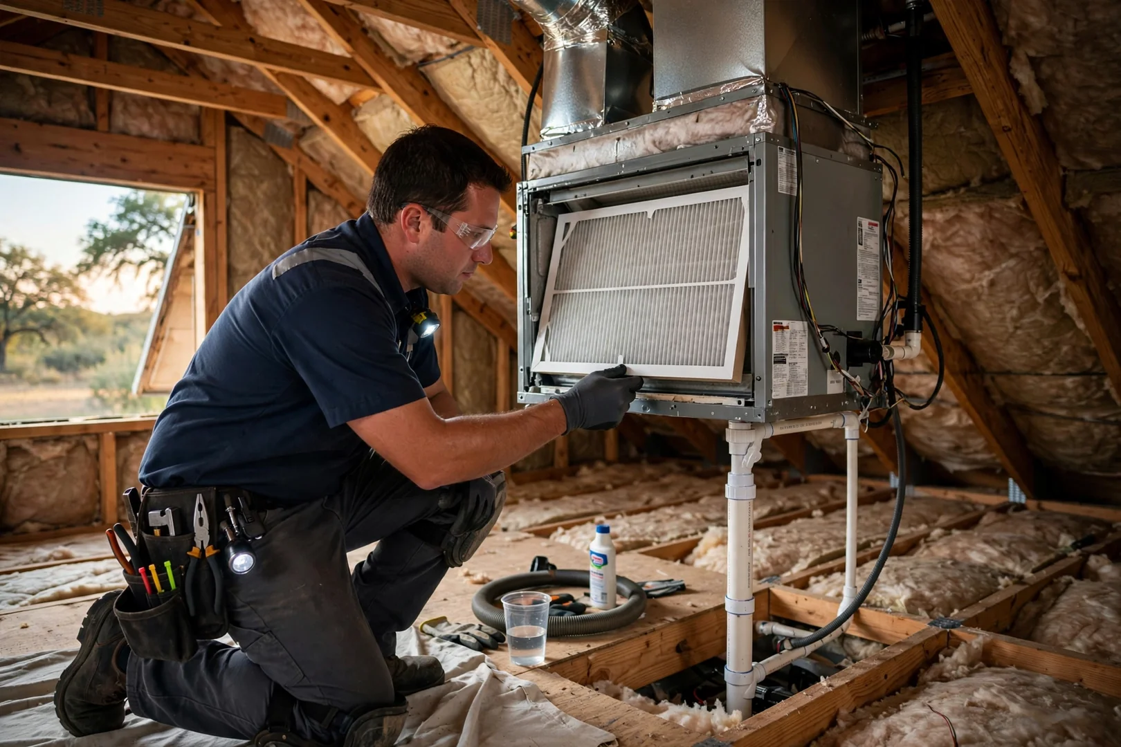 Attic air handler with a newly installed air filter and cleared condensate drain line