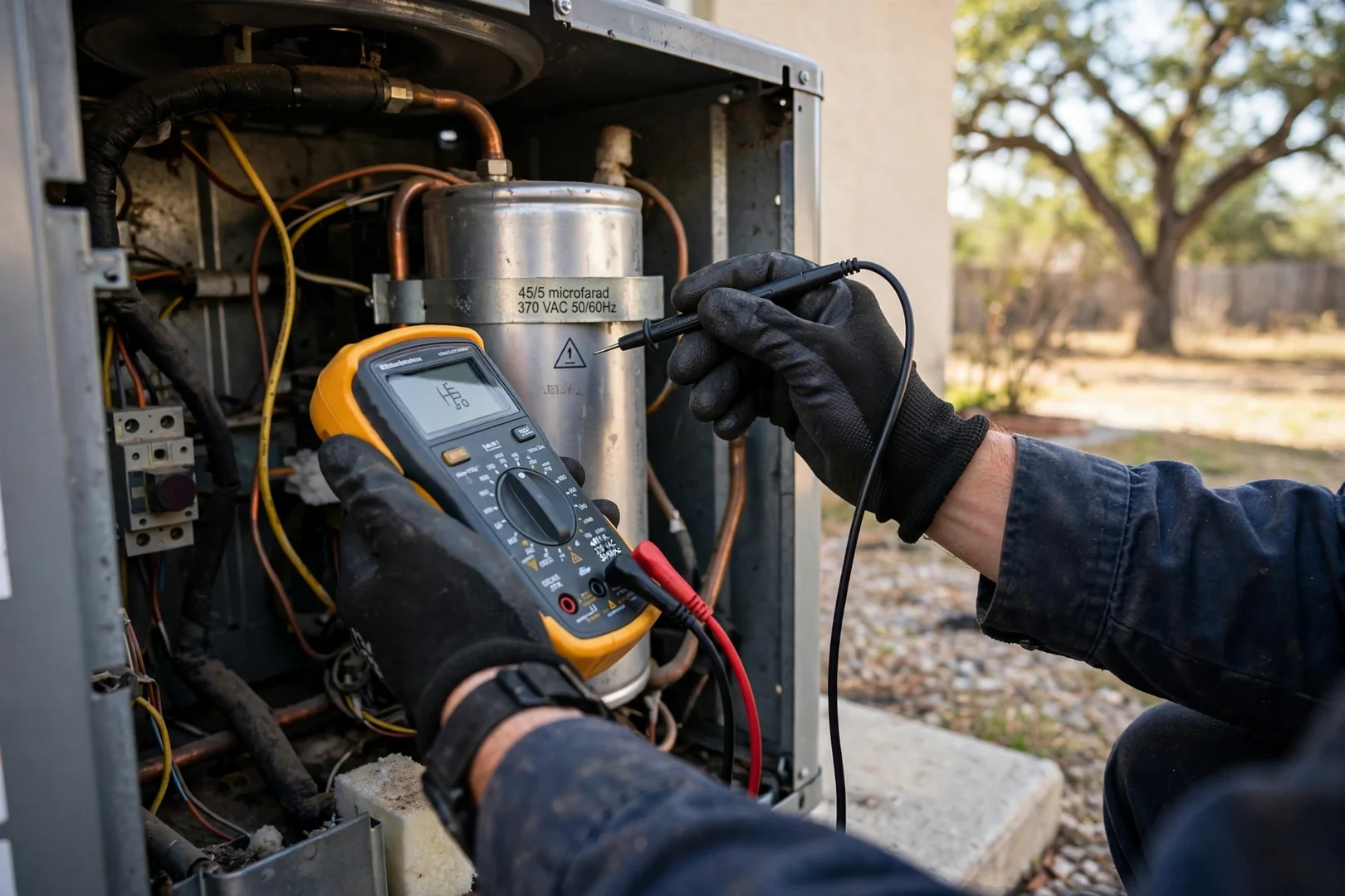 Gloved hands testing a run capacitor with a multimeter inside an outdoor AC unit