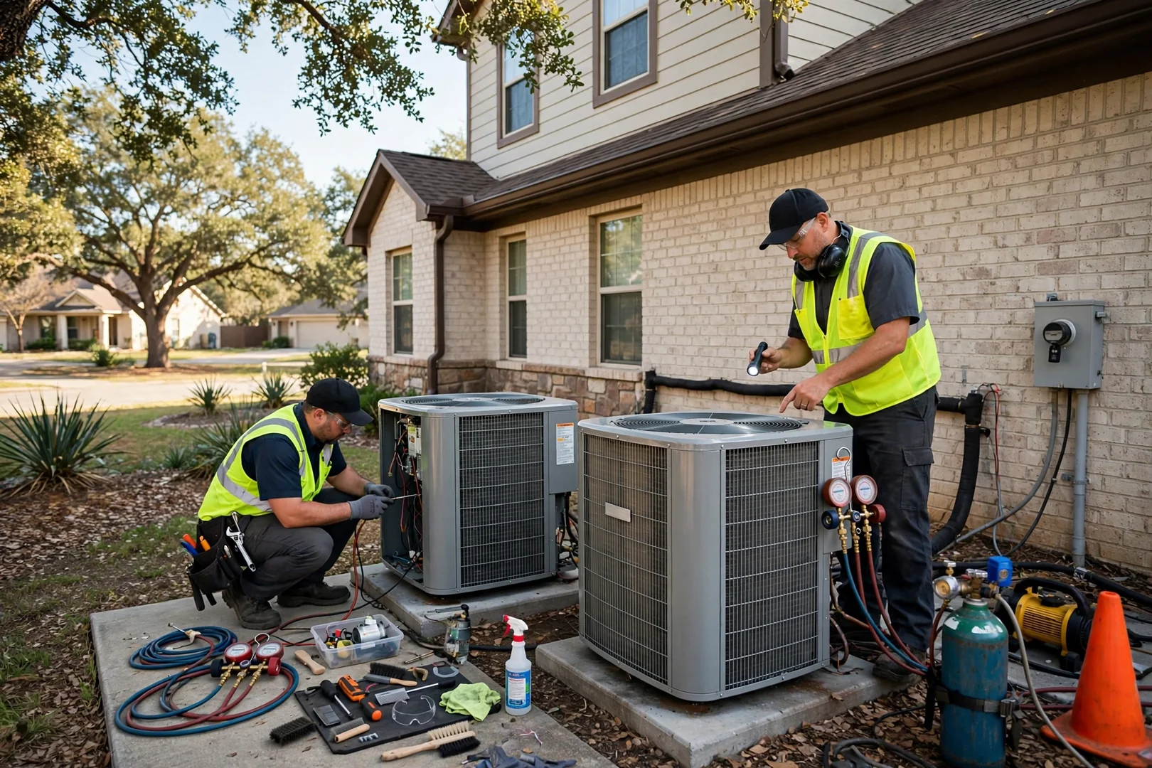 Wide view of two condenser units serviced side by side at a two-story home