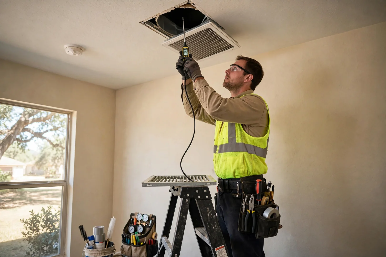 Digital thermometer measuring supply air temperature at a ceiling vent after a tune-up