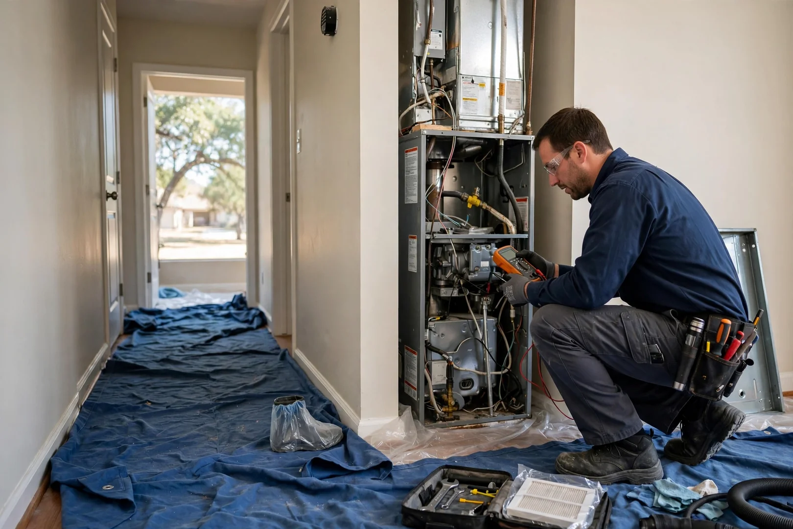 Drop cloths protecting hallway flooring near an indoor furnace during routine maintenance